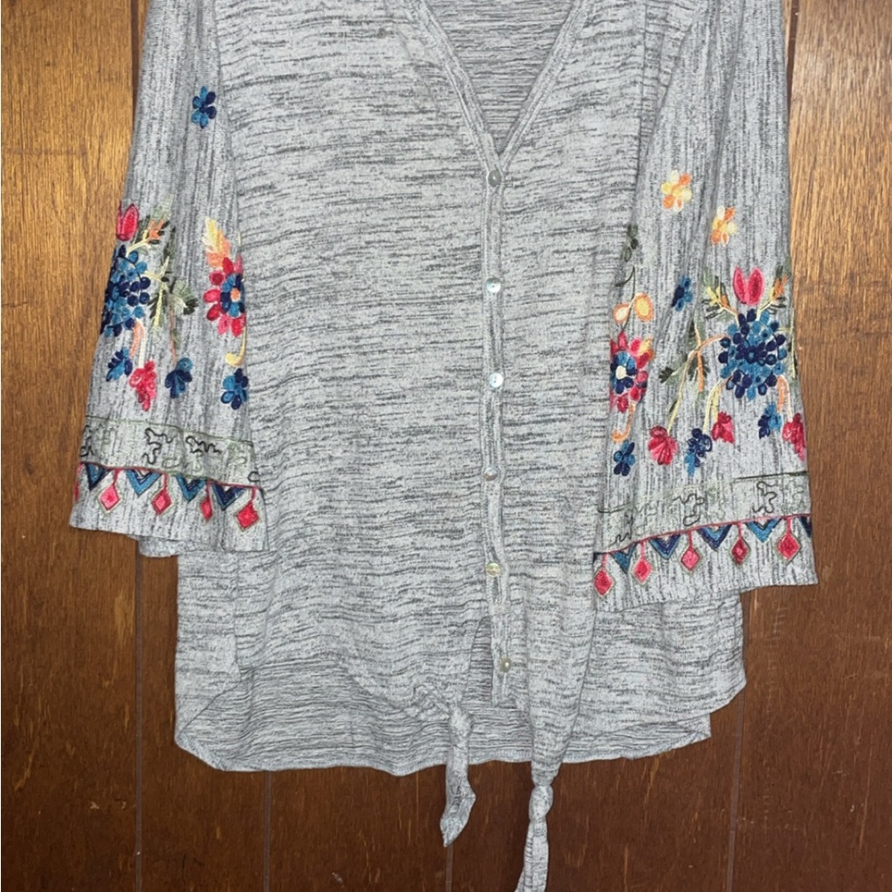 Fig and Flower Gray Embroidered Blouse with Tie Front